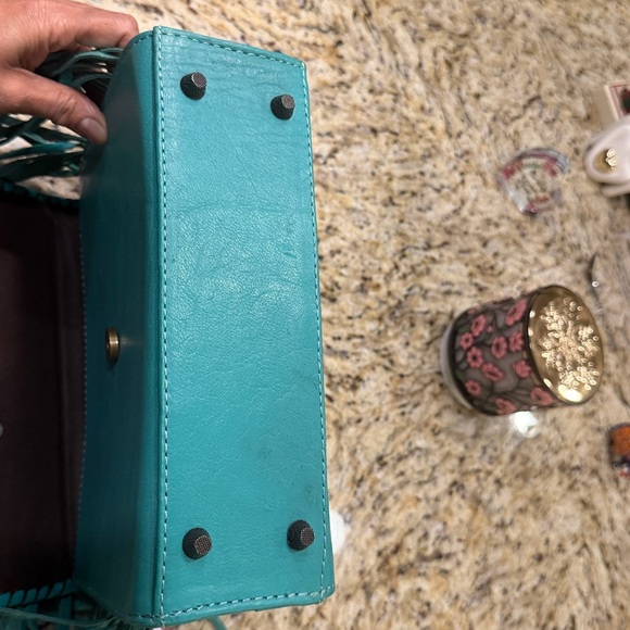 NWT  Teal Leather Fringe Cowhide Crossbody Bag with Turquoise Accent - Picture 9 of 14